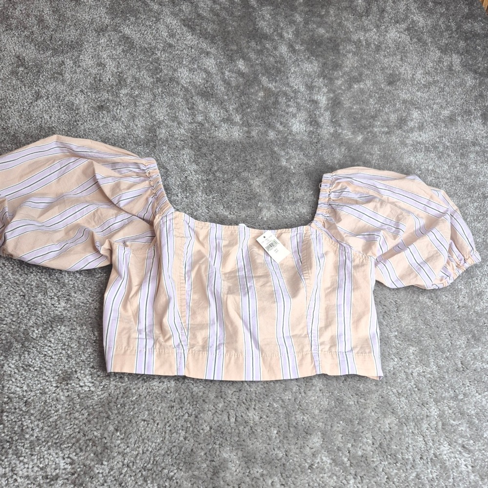 Aerie Womens Smocked Puff Sleeve Crop Top Pastel Striped Square Neck Small NWT